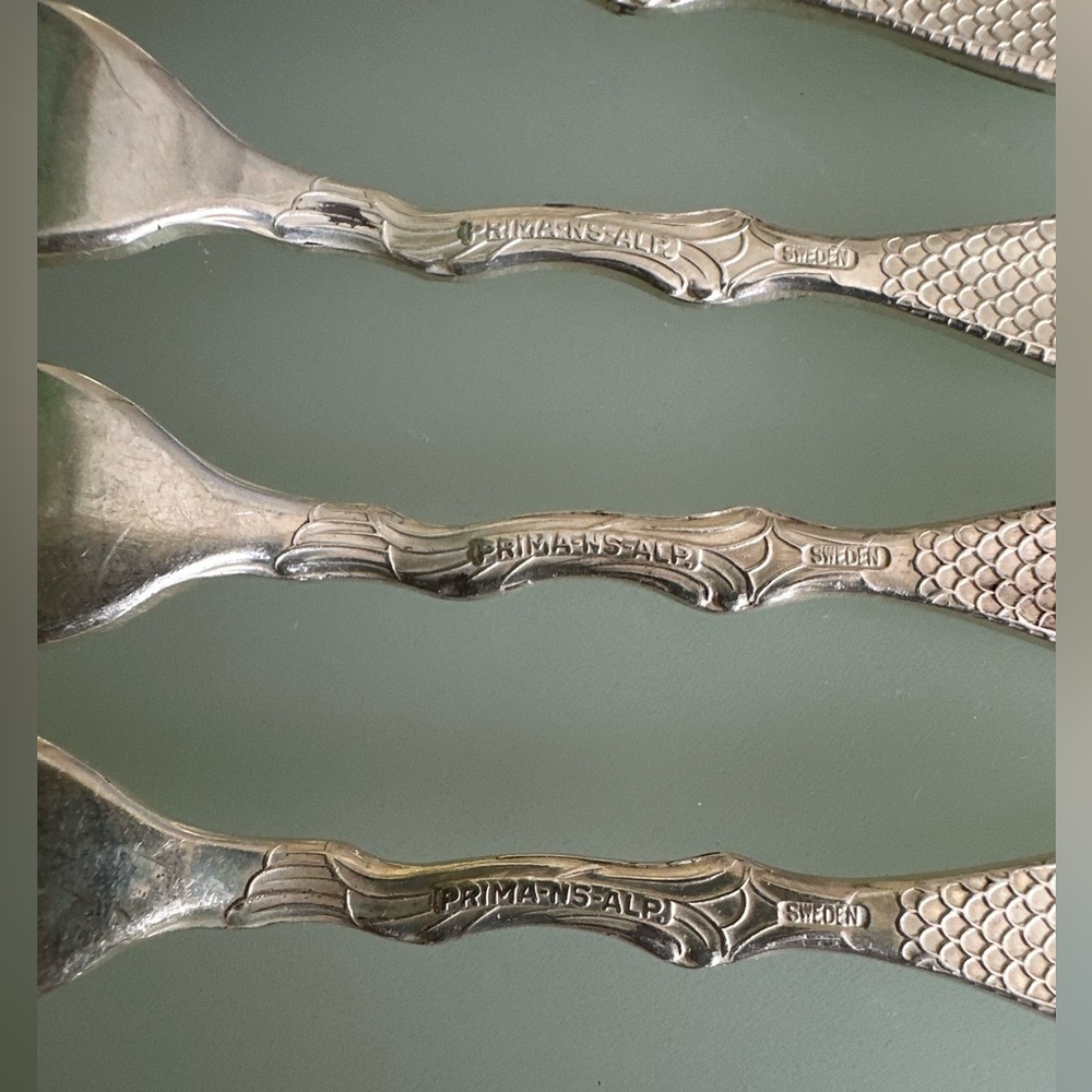 RARE VINTAGE PRIMA NS ALP Swedish Fish Fork set of 7 Sterling Silver Plated - Picture 8 of 11